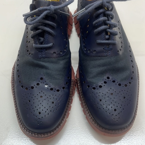 Cole Haan Navy ZEROGRAND Wingtip Oxford Leather & Canvas Eyelet Shoes Size 7 - Picture 1 of 10